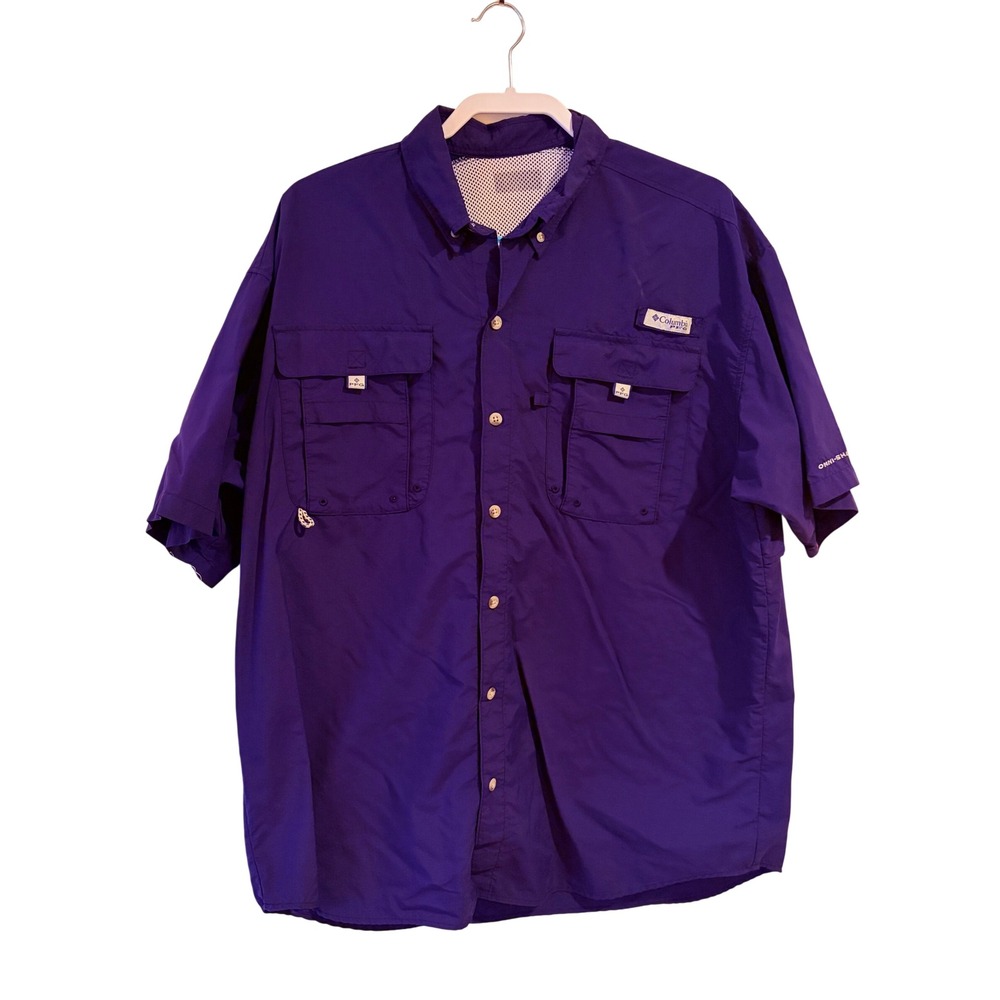 Columbia PFG Men Navy/ Deep Purple Short Sleeve Shirt Ventilated Omni-Shade XL